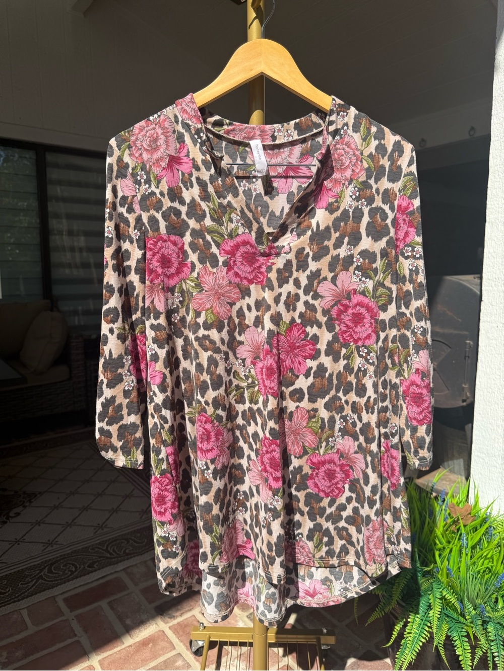 Honeyme Pink Floral Leopard V-Neck Tunic